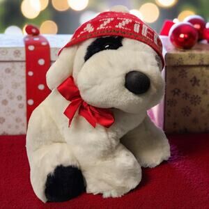 Vtg 1987 LAZZIE DOG White Lazarus Store Christmas Plush Toy Stuffy Red Hat Bow